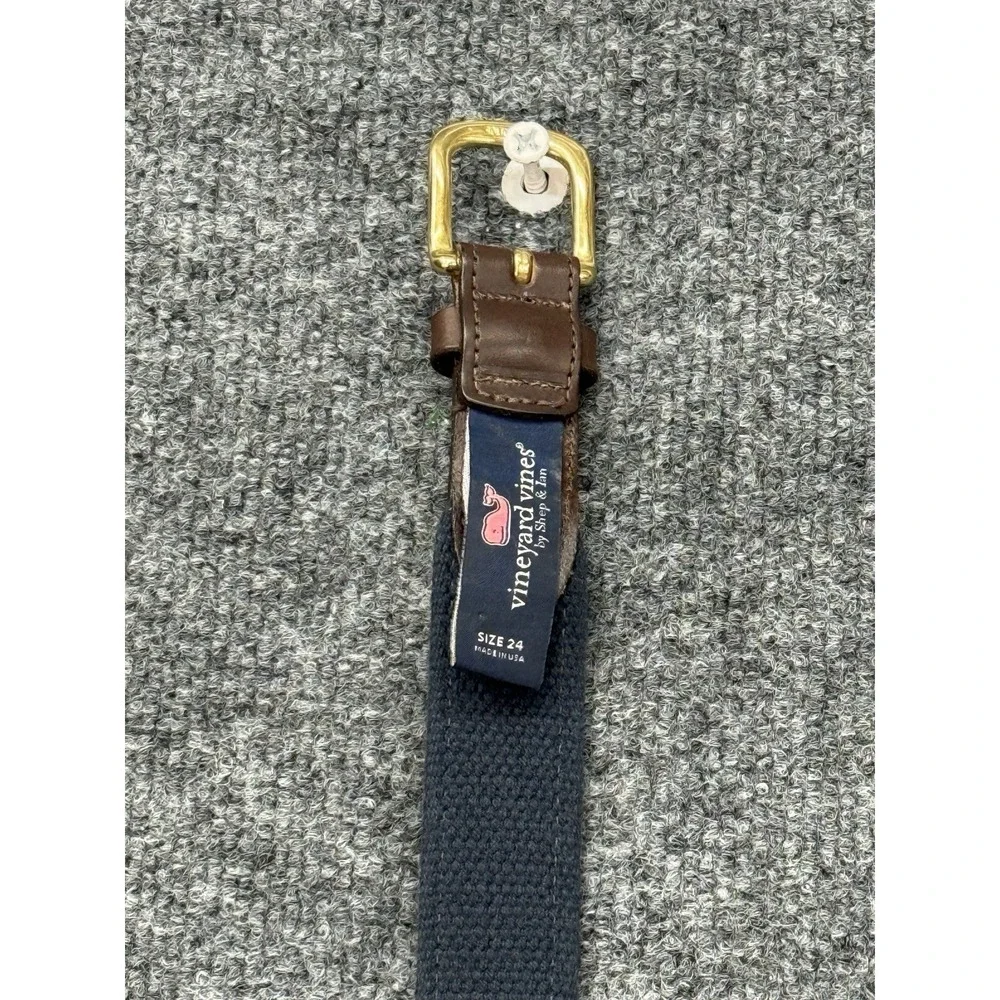 Vineyard Vines Kids Pink Whale Logo Canvas Leather Club Belt Navy Brown Size 24